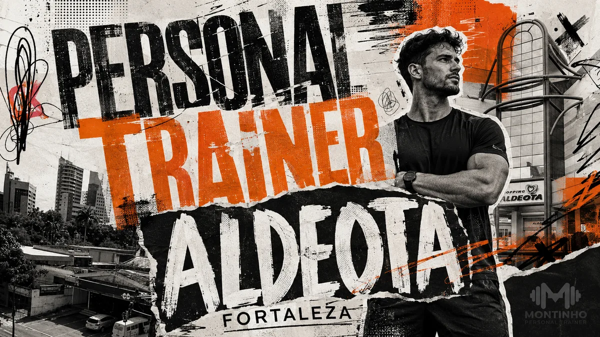 Personal trainer na Aldeota (Fortaleza) em arte com os prédios do bairro e o letreiro da Aldeota, com o treino em primeiro plano — Personal por Perto