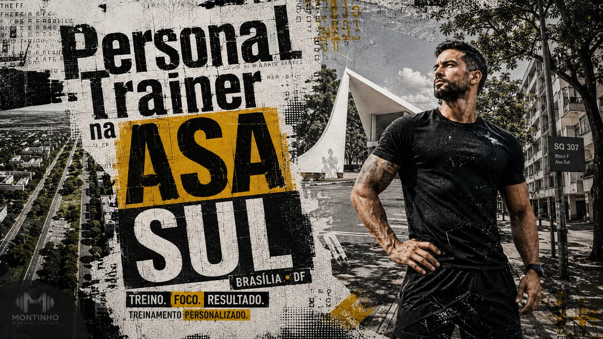 Personal trainer na Asa Sul (Brasília) em arte com a Catedral Metropolitana, a placa de superquadra SQS 307 e o treino em primeiro plano — Personal por Perto