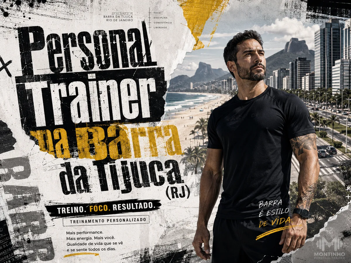 Capa do guia de personal trainer na Barra da Tijuca: atleta diante da orla, com a praia, a avenida arborizada e a Pedra da Gávea no horizonte — Personal por Perto