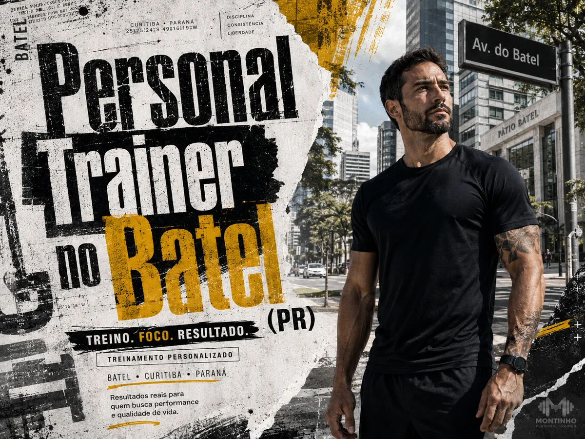 Capa do guia de personal trainer no Batel: atleta na avenida do Batel, com a placa da via e o Pátio Batel entre os prédios — Personal por Perto