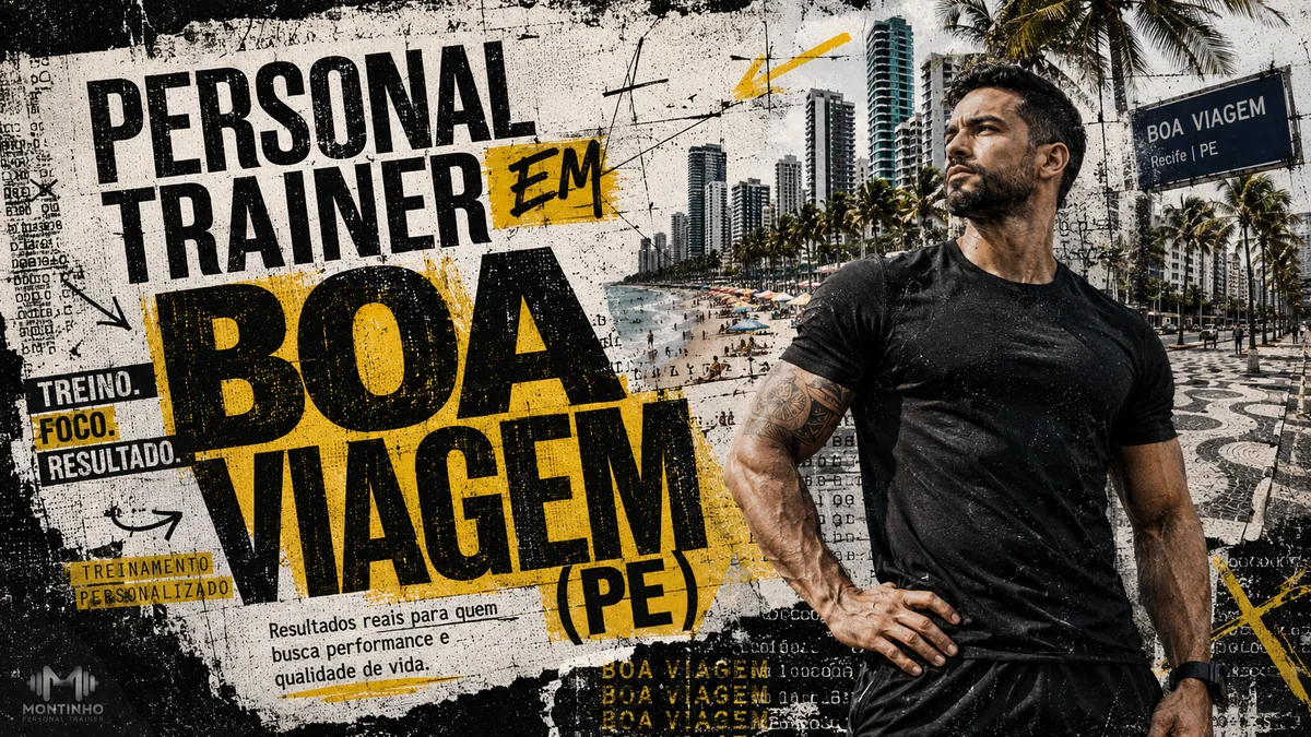 Personal trainer em Boa Viagem (Recife) em arte com a orla, o calçadão de pedras portuguesas, os coqueiros e os prédios à beira-mar, com o treino em primeiro plano — Personal por Perto