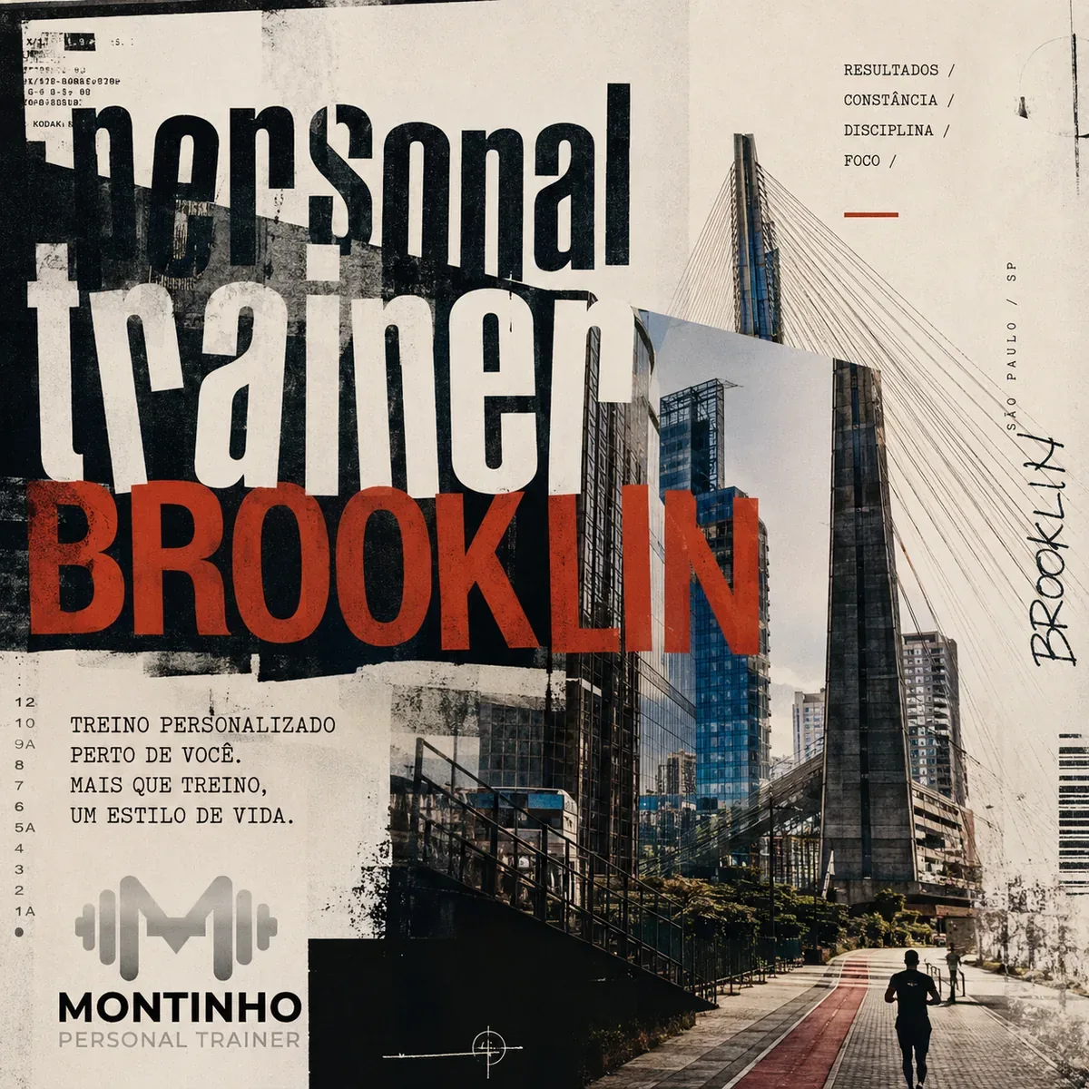 Personal trainer no Brooklin (São Paulo) em arte com a ponte estaiada Octávio Frias de Oliveira, as torres de escritórios e a ciclovia da marginal, com o treino em primeiro plano — Personal por Perto