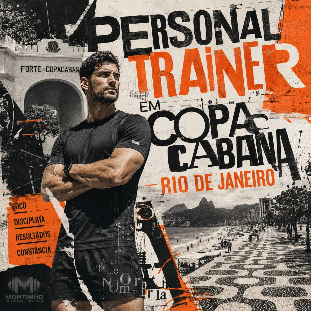 Personal trainer em Copacabana (Rio de Janeiro) em arte quadrada com o calçadão de pedras portuguesas, a praia e o Corcovado ao fundo, com o treino em primeiro plano — Personal por Perto