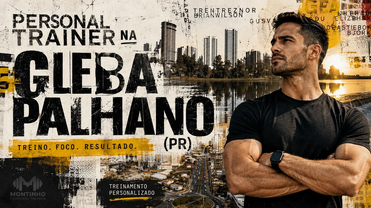 Personal trainer na Gleba Palhano (Londrina) em arte com os edifícios altos do bairro e o Lago Igapó ao entardecer, com o treino em primeiro plano — Personal por Perto
