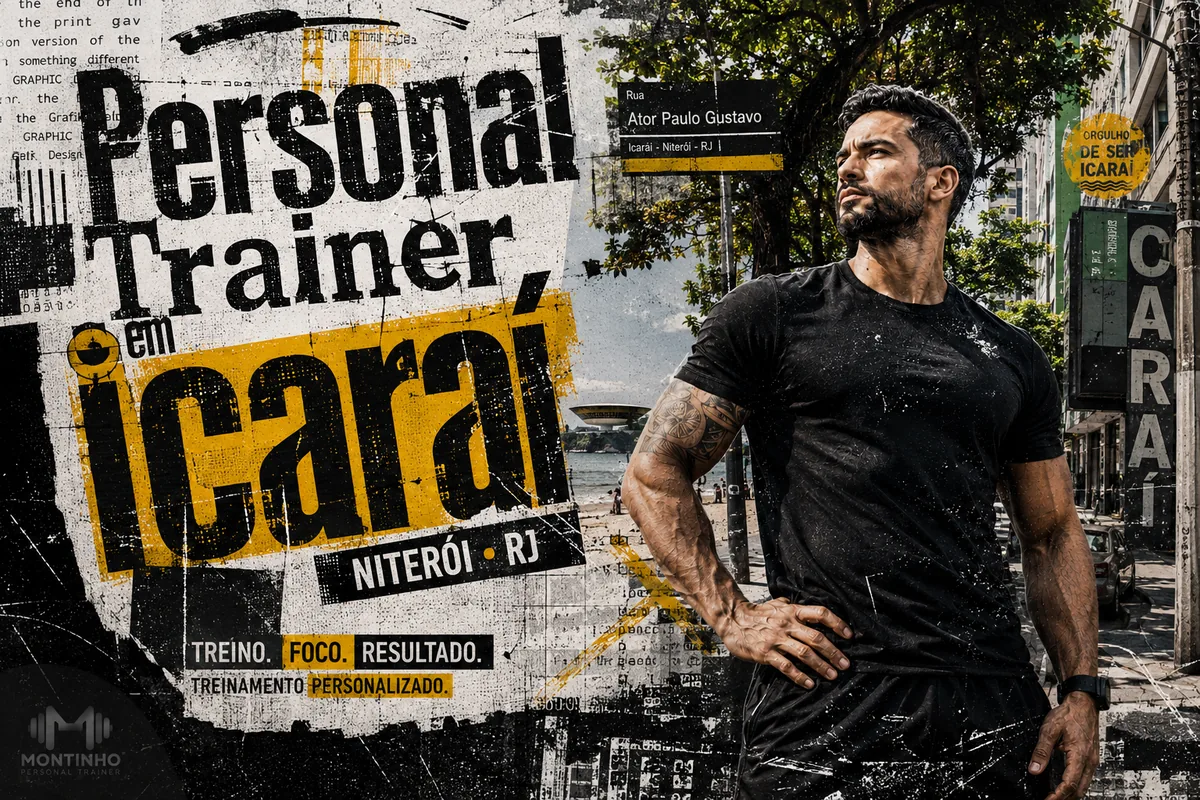 Personal trainer em Icaraí (Niterói) em arte com a placa da Rua Ator Paulo Gustavo e o comércio do bairro, com o treino em primeiro plano — Personal por Perto