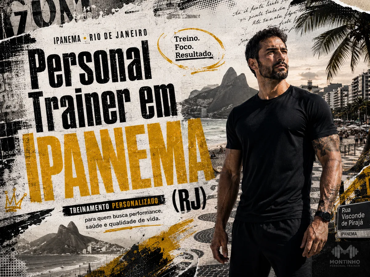 Capa do guia de personal trainer em Ipanema: atleta no calçadão de pedras portuguesas, com o Morro Dois Irmãos e a placa da rua Visconde de Pirajá — Personal por Perto