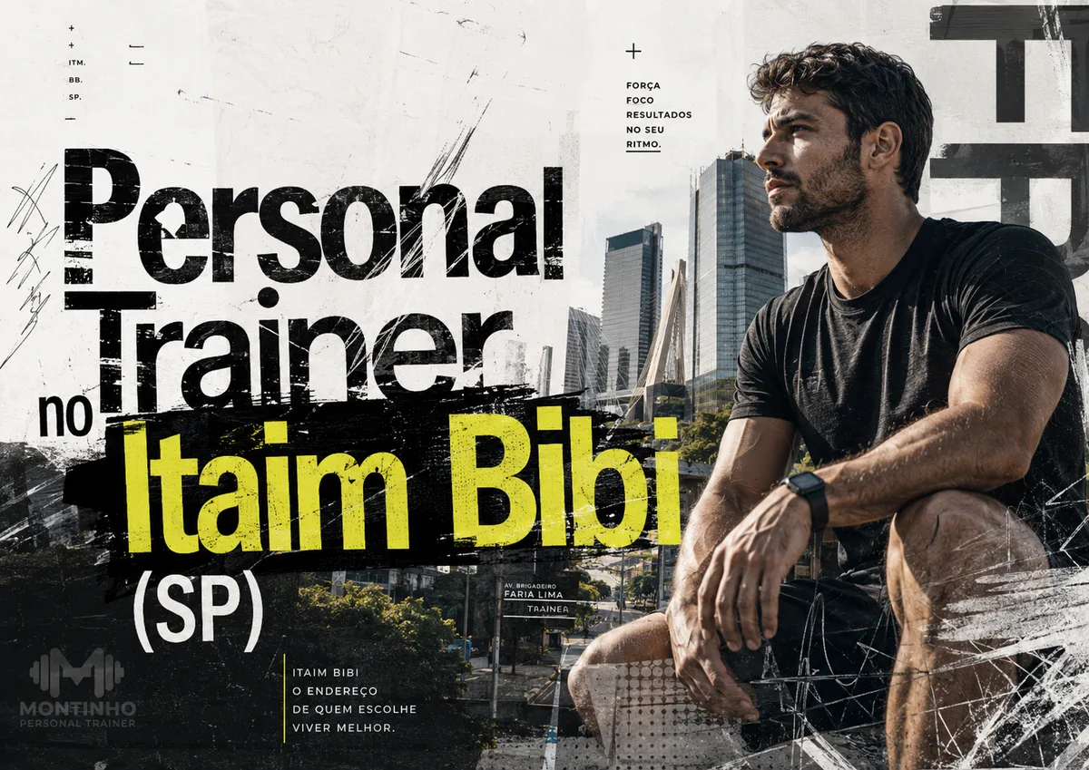Capa do guia de personal trainer no Itaim Bibi: atleta em primeiro plano com o skyline da Faria Lima, a placa da avenida e a ponte estaiada ao fundo — Personal por Perto