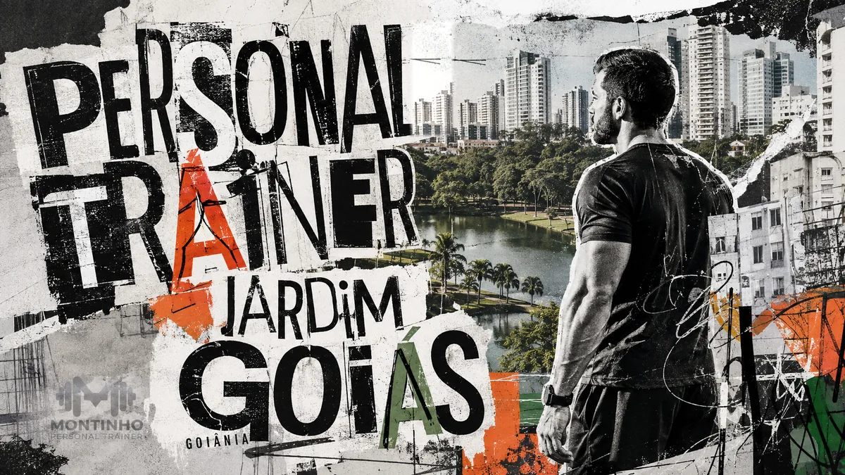 Personal trainer no Jardim Goiás (Goiânia) em arte com o skyline de torres do bairro e o lago do Parque Flamboyant, com o treino em primeiro plano — Personal por Perto