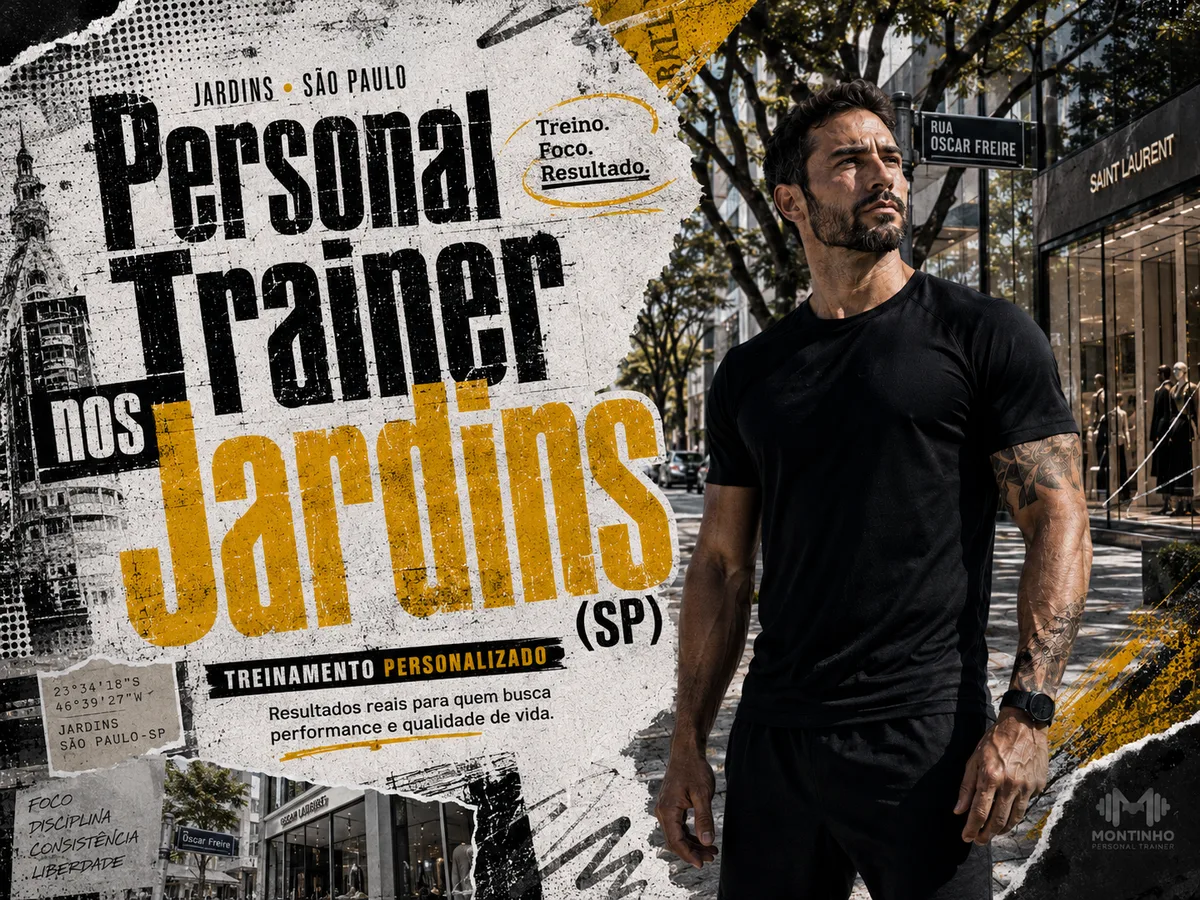 Capa do guia de personal trainer nos Jardins: atleta na rua Oscar Freire, com a placa da rua e as vitrines de grife do quadrilátero — Personal por Perto