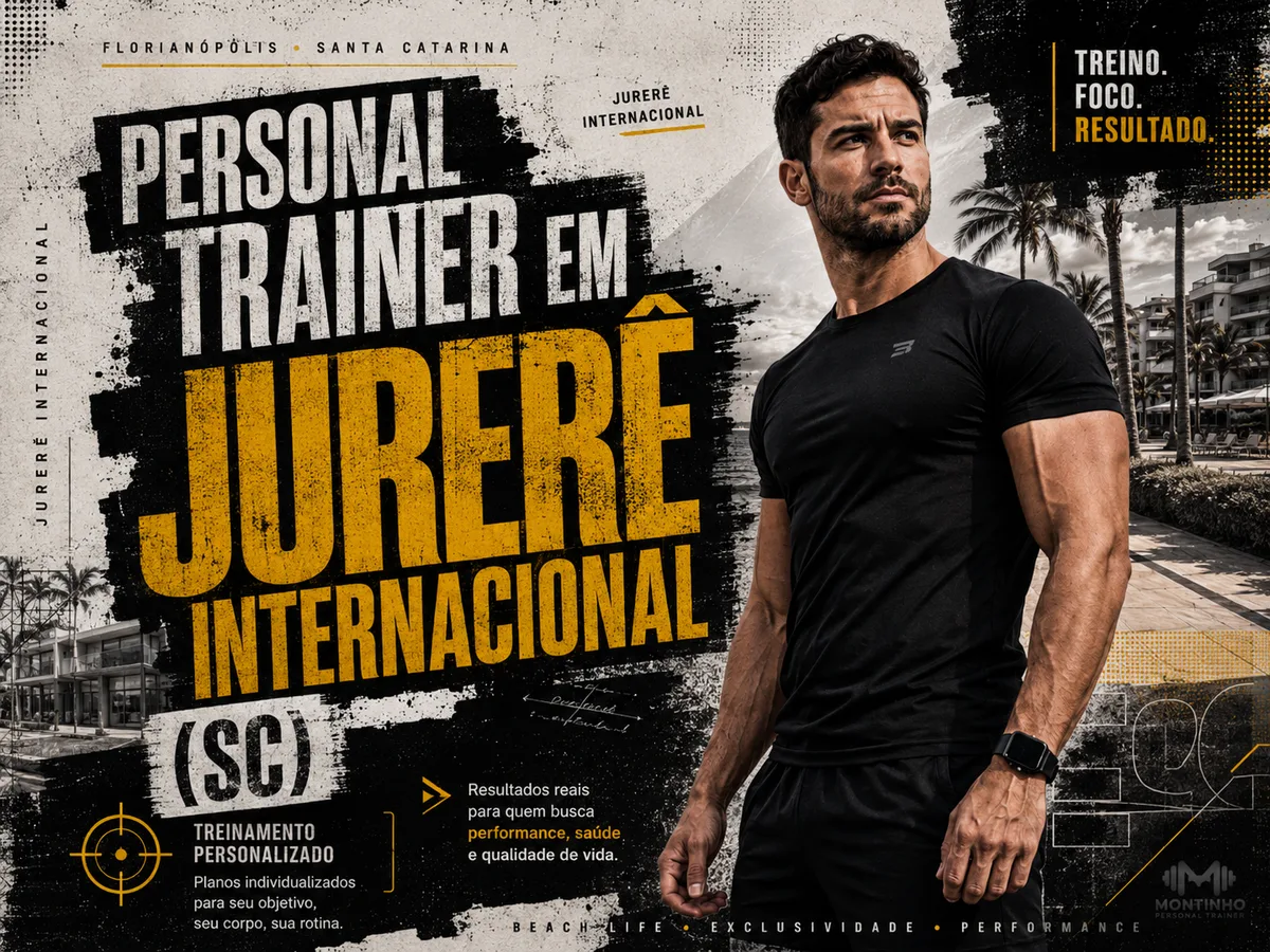 Capa do guia de personal trainer em Jurerê Internacional: atleta entre as palmeiras e residências do bairro planejado de Florianópolis — Personal por Perto