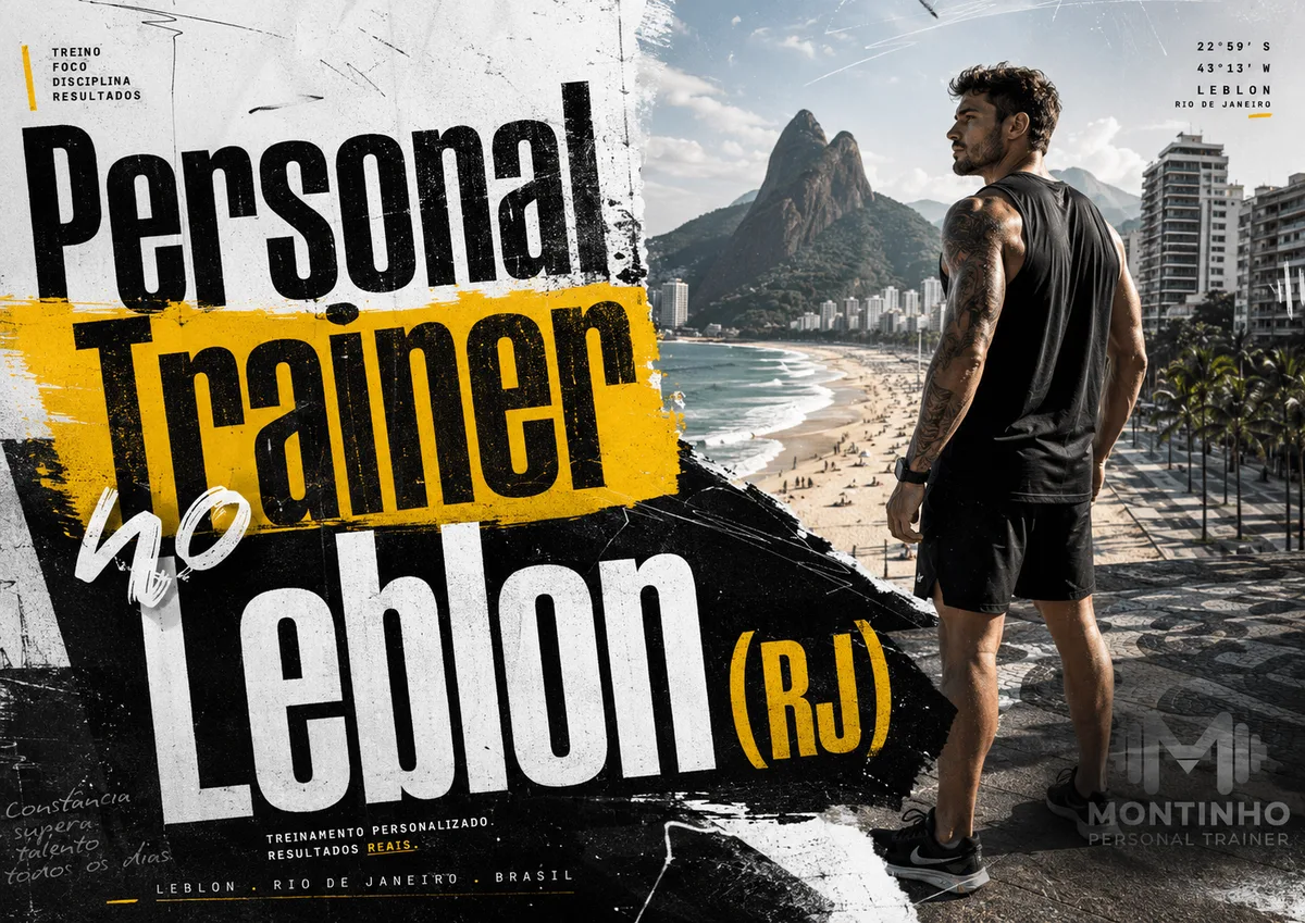Capa do guia de personal trainer no Leblon: atleta no calçadão com o Morro Dois Irmãos, a praia e os prédios da orla ao fundo — Personal por Perto