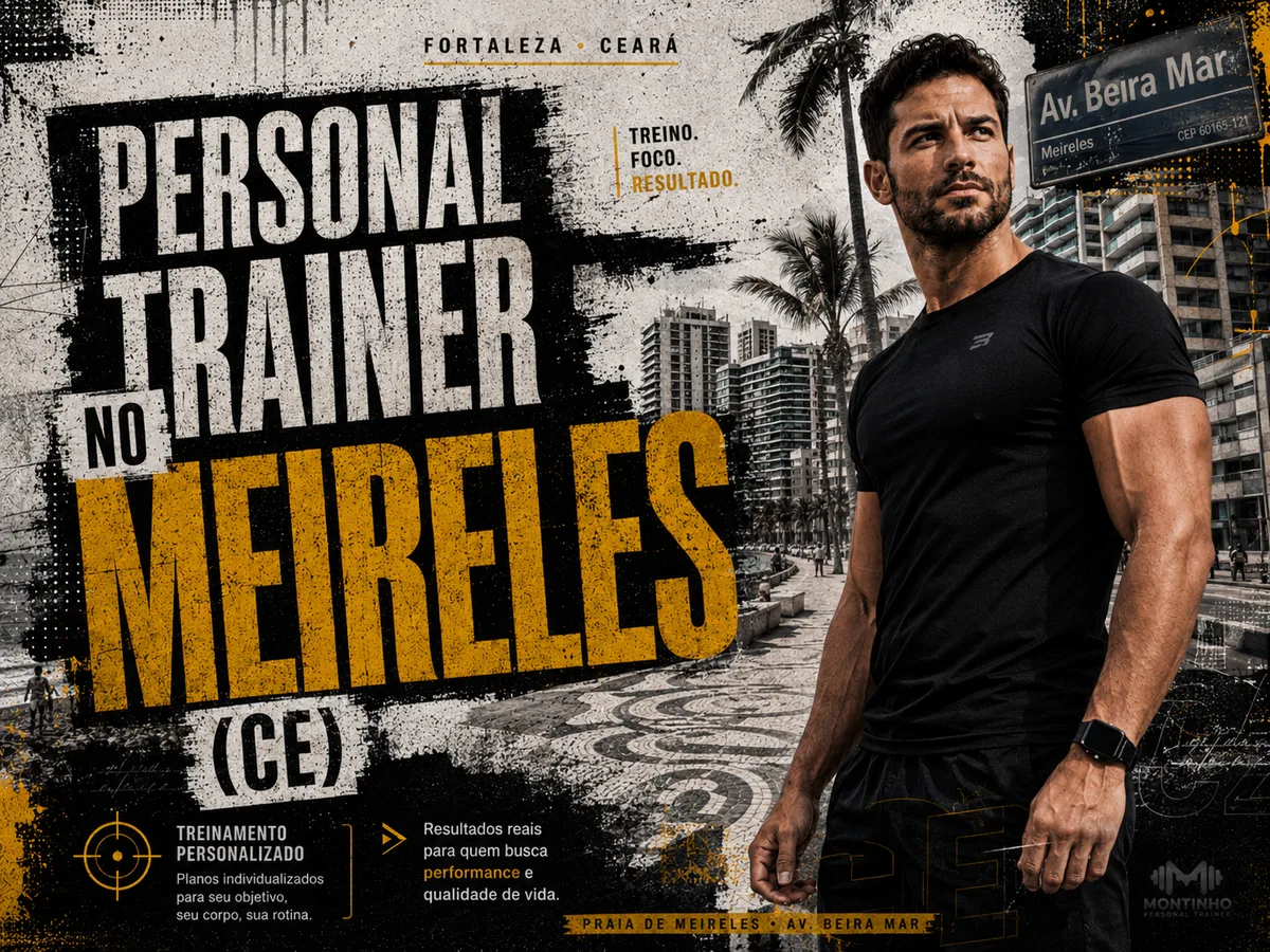 Capa do guia de personal trainer no Meireles: atleta no calçadão da avenida Beira Mar, com a placa da avenida, os coqueiros e as torres da orla de Fortaleza — Personal por Perto