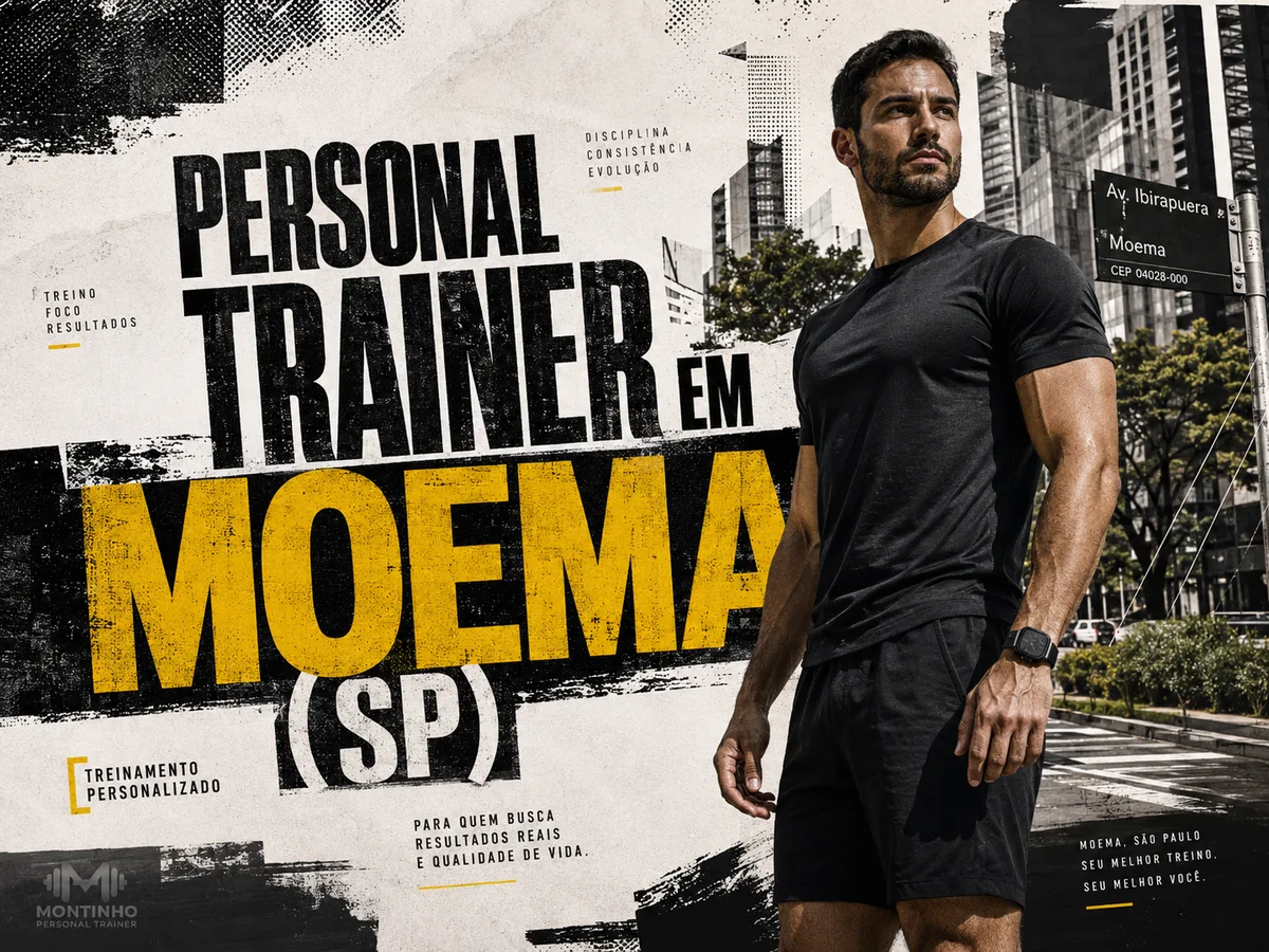 Capa do guia de personal trainer em Moema: atleta na avenida Ibirapuera, com a placa da avenida e os prédios arborizados do bairro — Personal por Perto