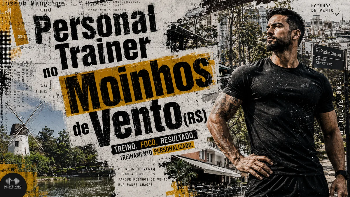 Personal trainer no Moinhos de Vento (Porto Alegre) em arte com o moinho do Parque Moinhos de Vento, a placa da Rua Padre Chagas e o treino em primeiro plano — Personal por Perto