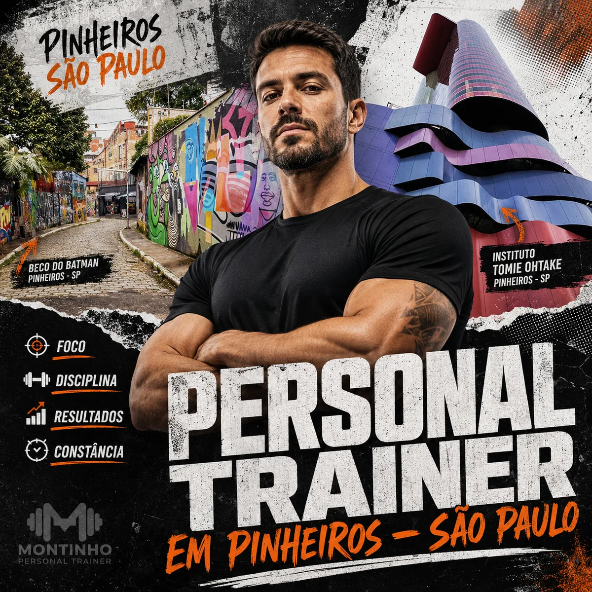 Personal trainer em Pinheiros (São Paulo) em arte quadrada com os grafites do Beco do Batman, a fachada do Instituto Tomie Ohtake e o treino em primeiro plano — Personal por Perto