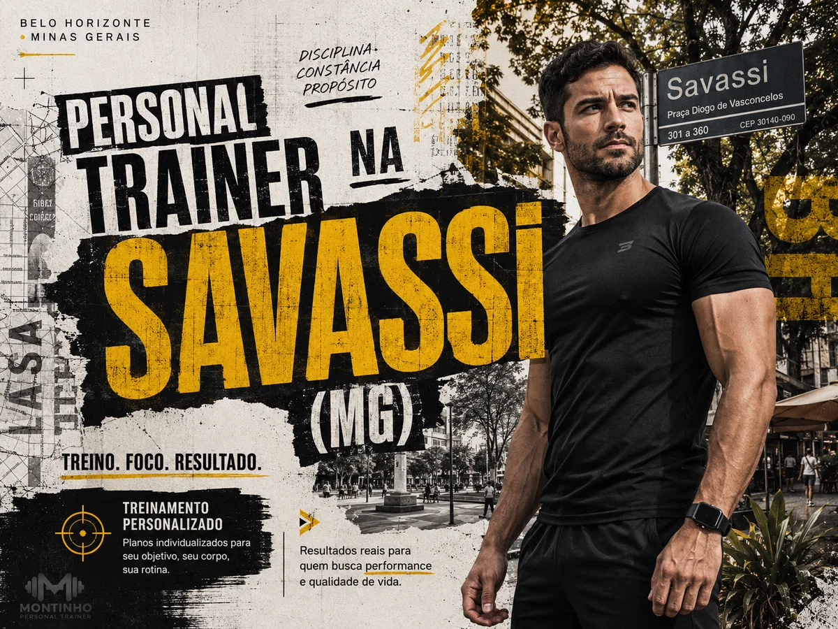 Capa do guia de personal trainer na Savassi: atleta junto à placa da Praça Diogo de Vasconcelos, coração do bairro em Belo Horizonte — Personal por Perto