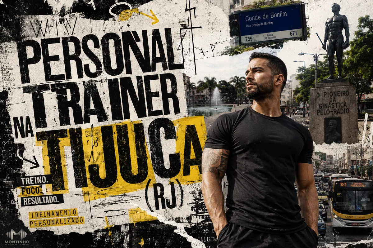 Personal trainer na Tijuca (Rio de Janeiro) em arte com a placa da Rua Conde de Bonfim e o monumento aos rádio-ginastas da Praça Saens Peña, com o treino em primeiro plano — Personal por Perto