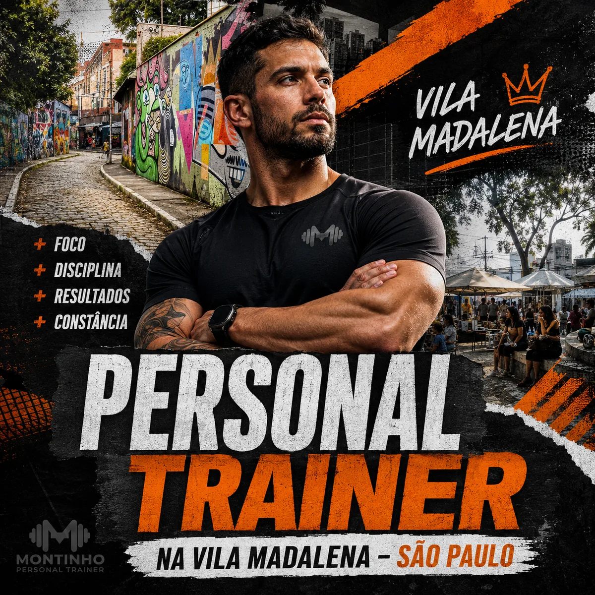 Personal trainer na Vila Madalena (São Paulo) em arte quadrada com a ladeira grafitada do bairro e o treino em primeiro plano — Personal por Perto