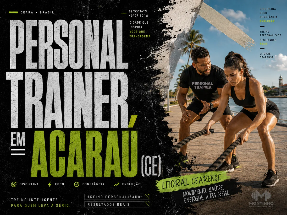 Personal trainer em Acaraú (CE) em arte que une treino em dupla no calçadão da beira-rio e o casario com a igreja da cidade no litoral cearense — Personal por Perto