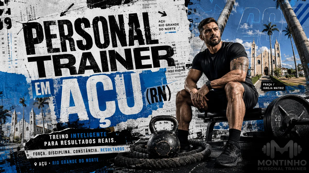 Personal trainer em Açu (RN) em arte que reúne a praça da Igreja Matriz, as palmeiras do Vale do Açu e o treino de força — Personal por Perto