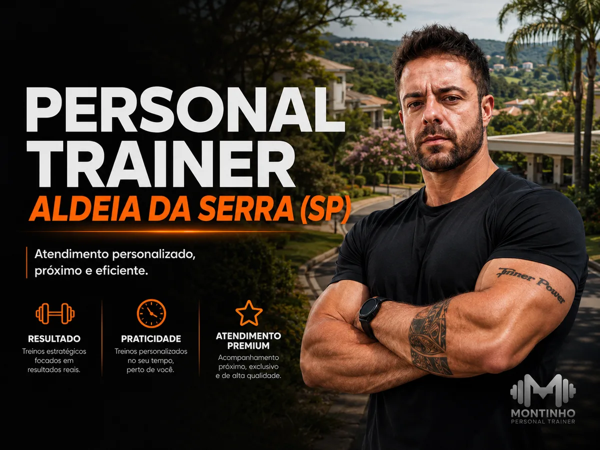 Montinho Personal, personal trainer, de braços cruzados em Aldeia da Serra (SP), com os condomínios arborizados e as colinas da região ao fundo — Personal por Perto