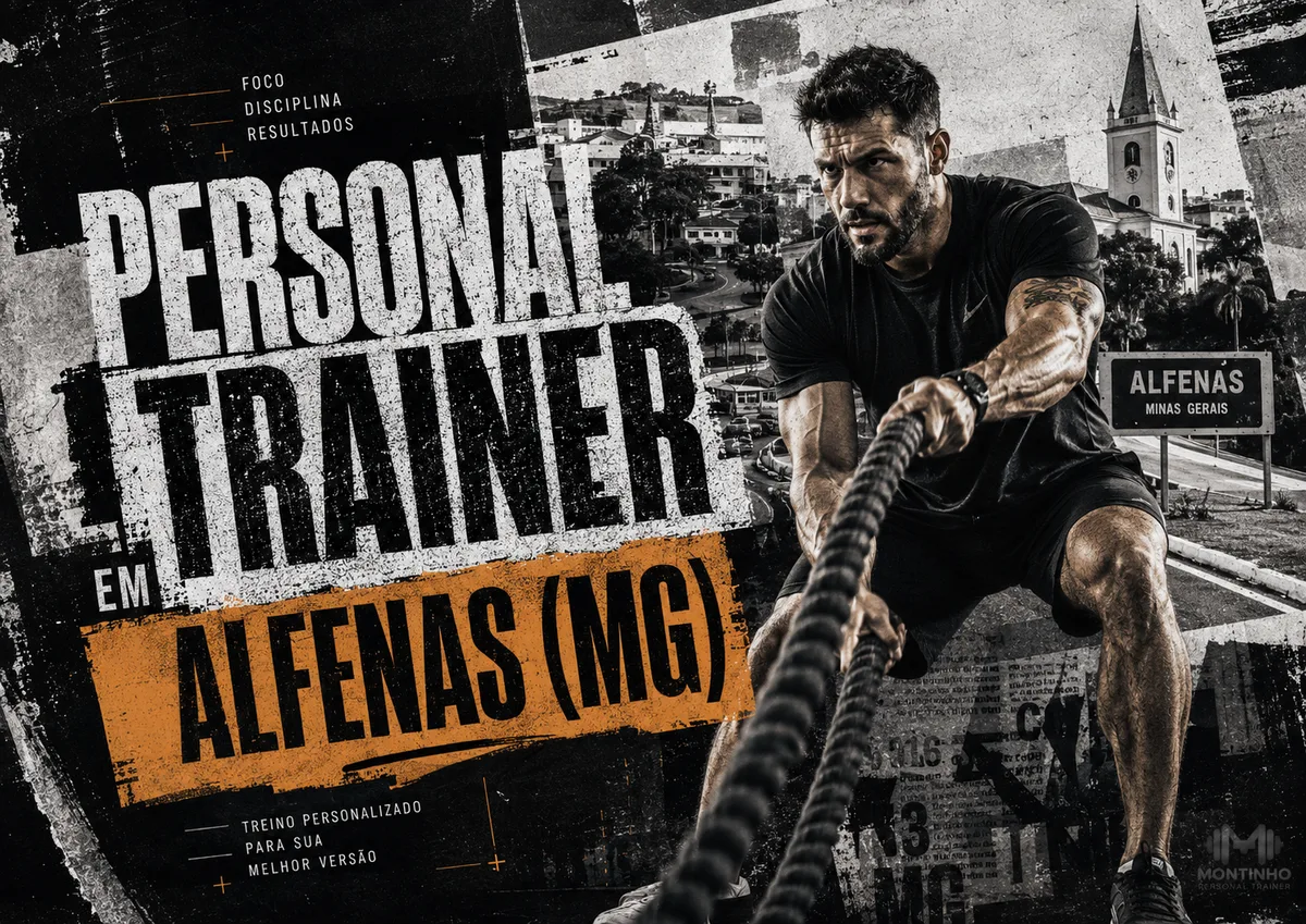 Personal trainer em Alfenas (MG) em arte de treino funcional com a torre da igreja matriz e o portal de entrada da cidade do sul de Minas — Personal por Perto