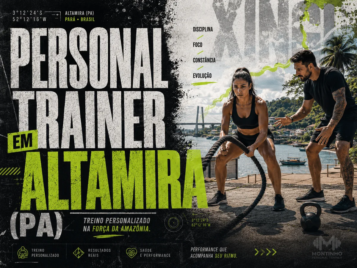 Personal trainer em Altamira (PA) em arte que une treino em dupla à beira do rio Xingu, com a ponte e as embarcações da orla altamirense — Personal por Perto