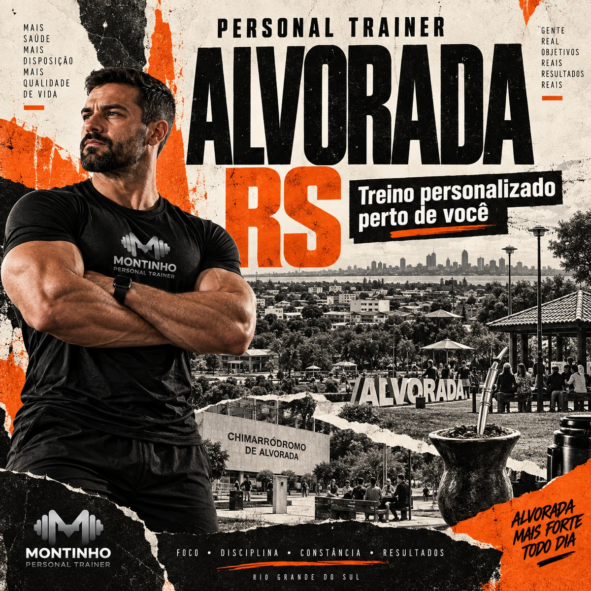 Personal trainer em Alvorada (RS) em arte com o Chimarródromo, a cuia de chimarrão, o letreiro da cidade e o skyline de Porto Alegre ao fundo, com o treino em primeiro plano — Personal por Perto