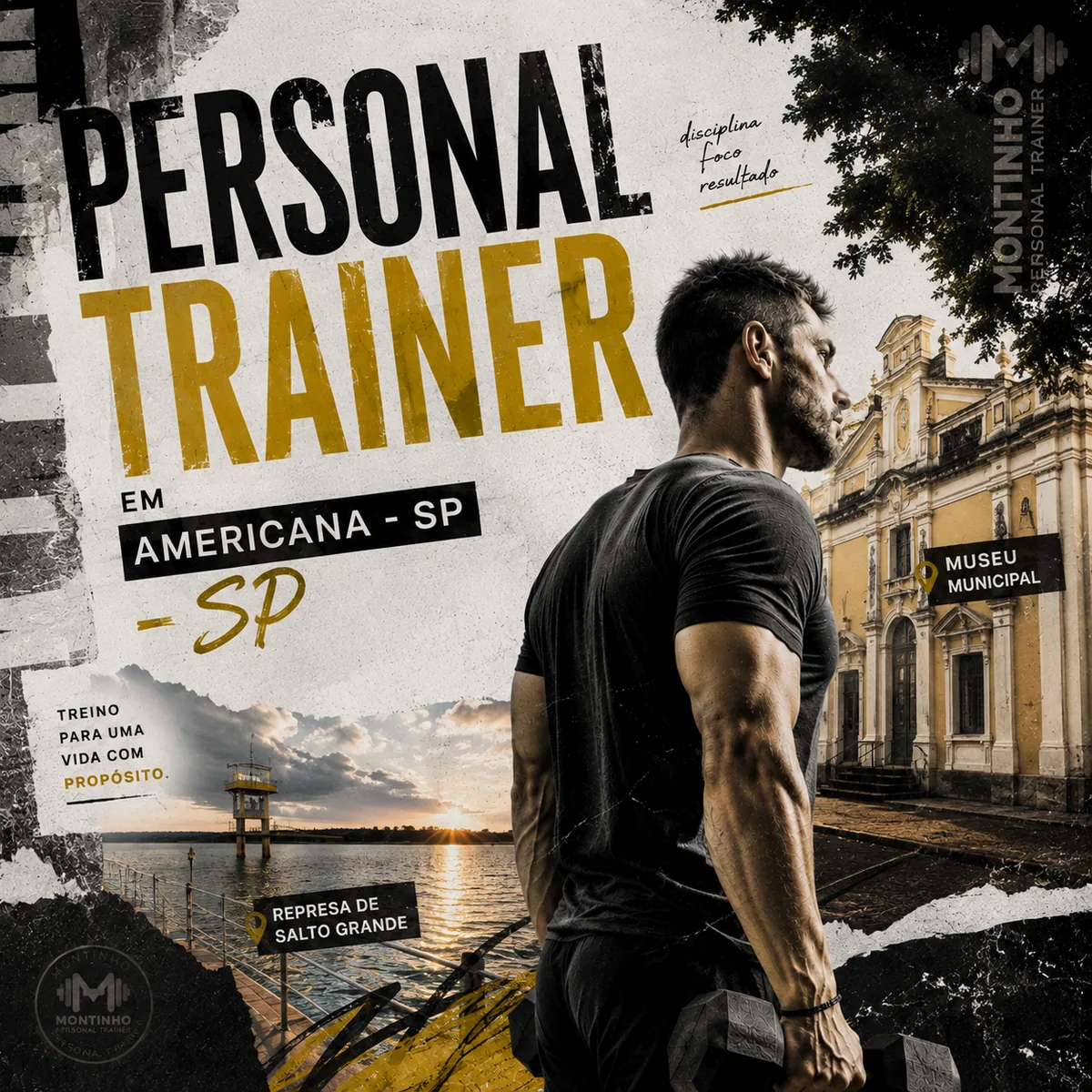 Personal trainer em Americana (SP) em arte quadrada com o casarão do Museu Municipal, o pôr do sol na Represa de Salto Grande e o treino em primeiro plano — Personal por Perto