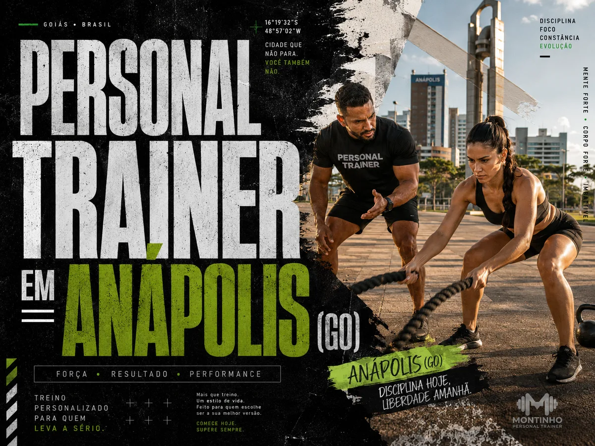 Personal trainer em Anápolis (GO) em arte que une treino em dupla e referências da cidade — o monumento do parque, os prédios do centro e o letreiro de Anápolis — Personal por Perto