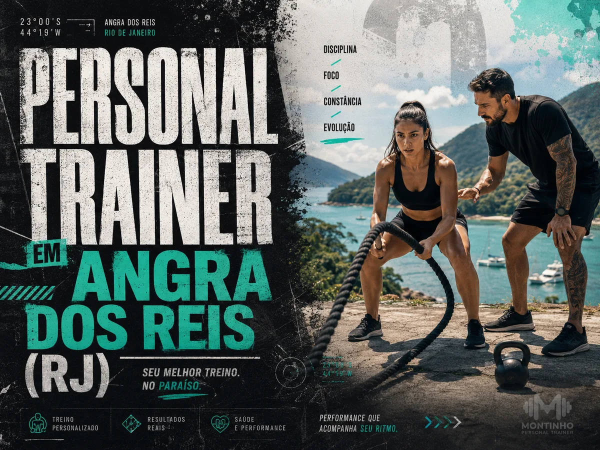 Personal trainer em Angra dos Reis (RJ) em arte que une treino em dupla e o mar verde da baía da Ilha Grande, com barcos e morros ao fundo — Personal por Perto