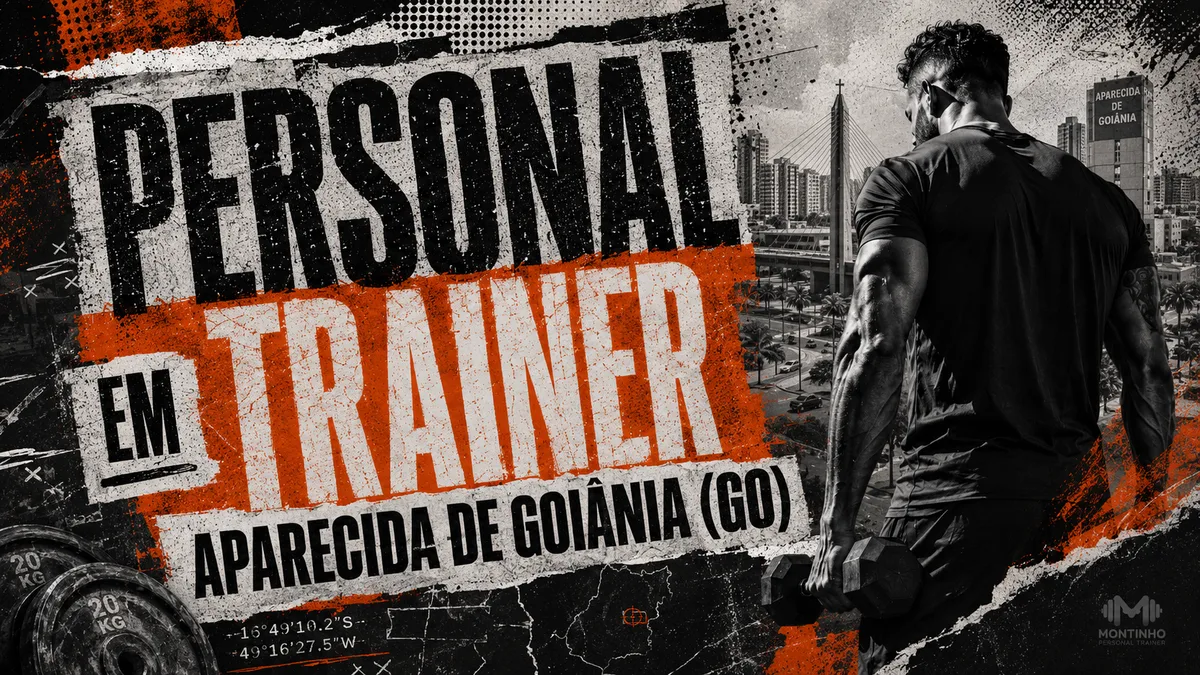 Personal trainer em Aparecida de Goiânia (GO) em arte com a paisagem urbana da cidade — o viaduto estaiado, os prédios em crescimento e o mapa de Goiás — Personal por Perto