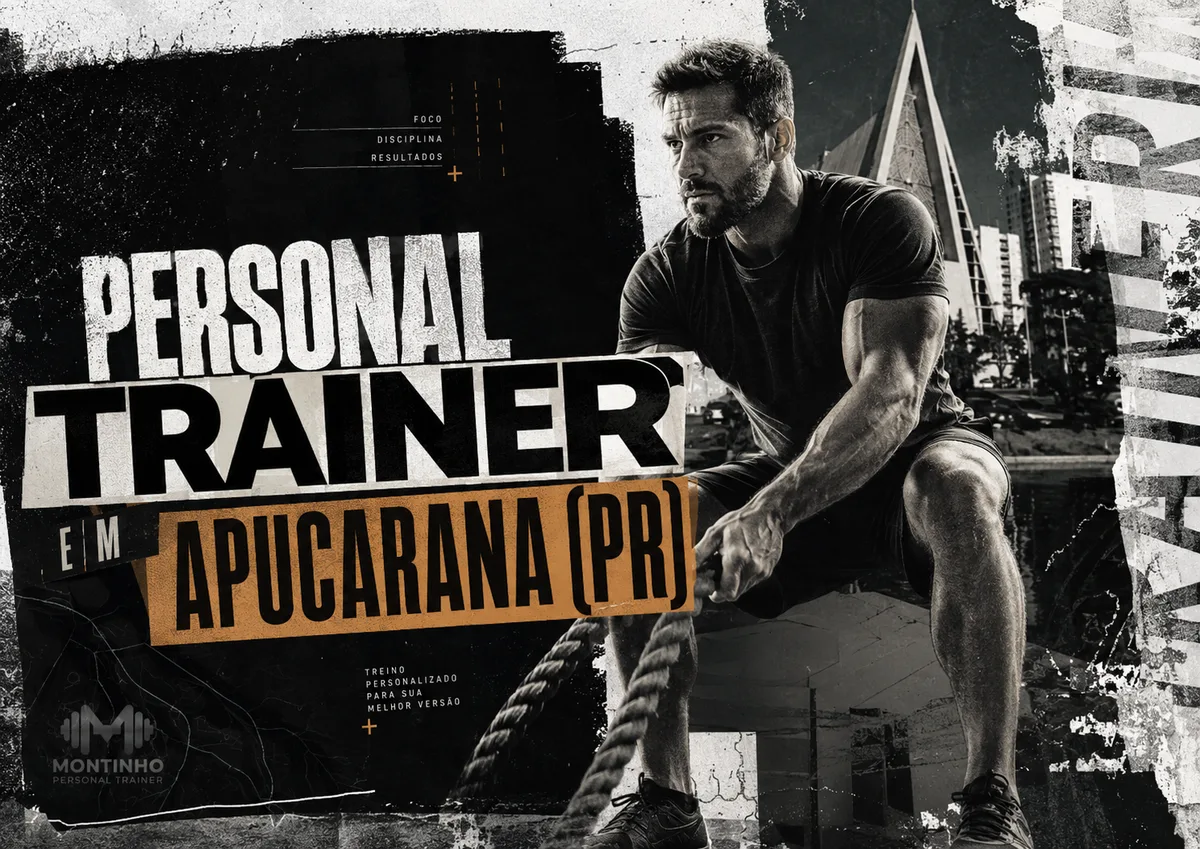 Personal trainer em Apucarana (PR) em arte que une treino funcional e a silhueta da Catedral Nossa Senhora de Lourdes, marco triangular da cidade — Personal por Perto