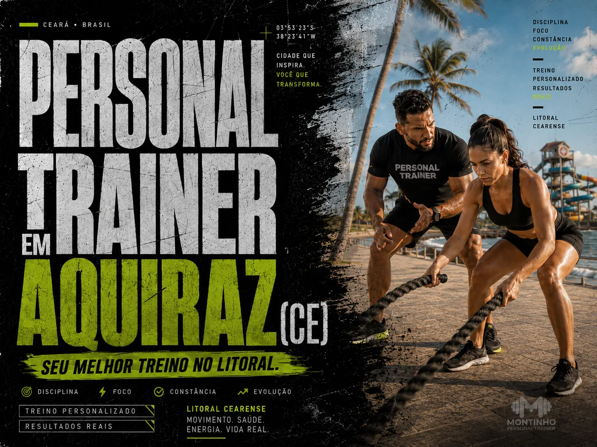 Personal trainer em Aquiraz (CE) em arte que une treino em dupla na orla e o litoral cearense com coqueiros e toboáguas do parque aquático ao fundo — Personal por Perto