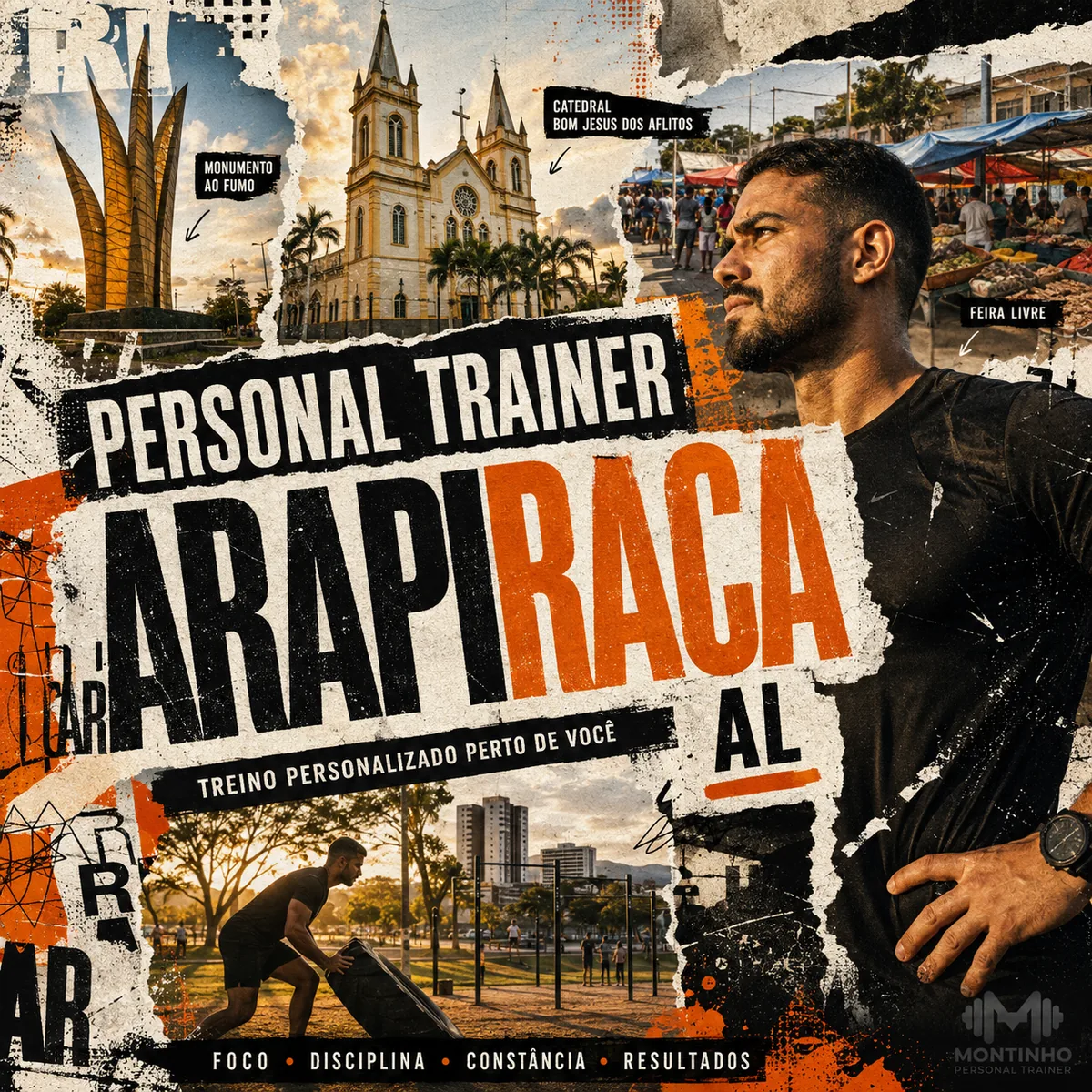 Personal trainer em Arapiraca (AL) em arte com o Monumento ao Fumo, a Catedral Bom Jesus dos Aflitos, a feira livre e a praça da cidade, com o treino em primeiro plano — Personal por Perto
