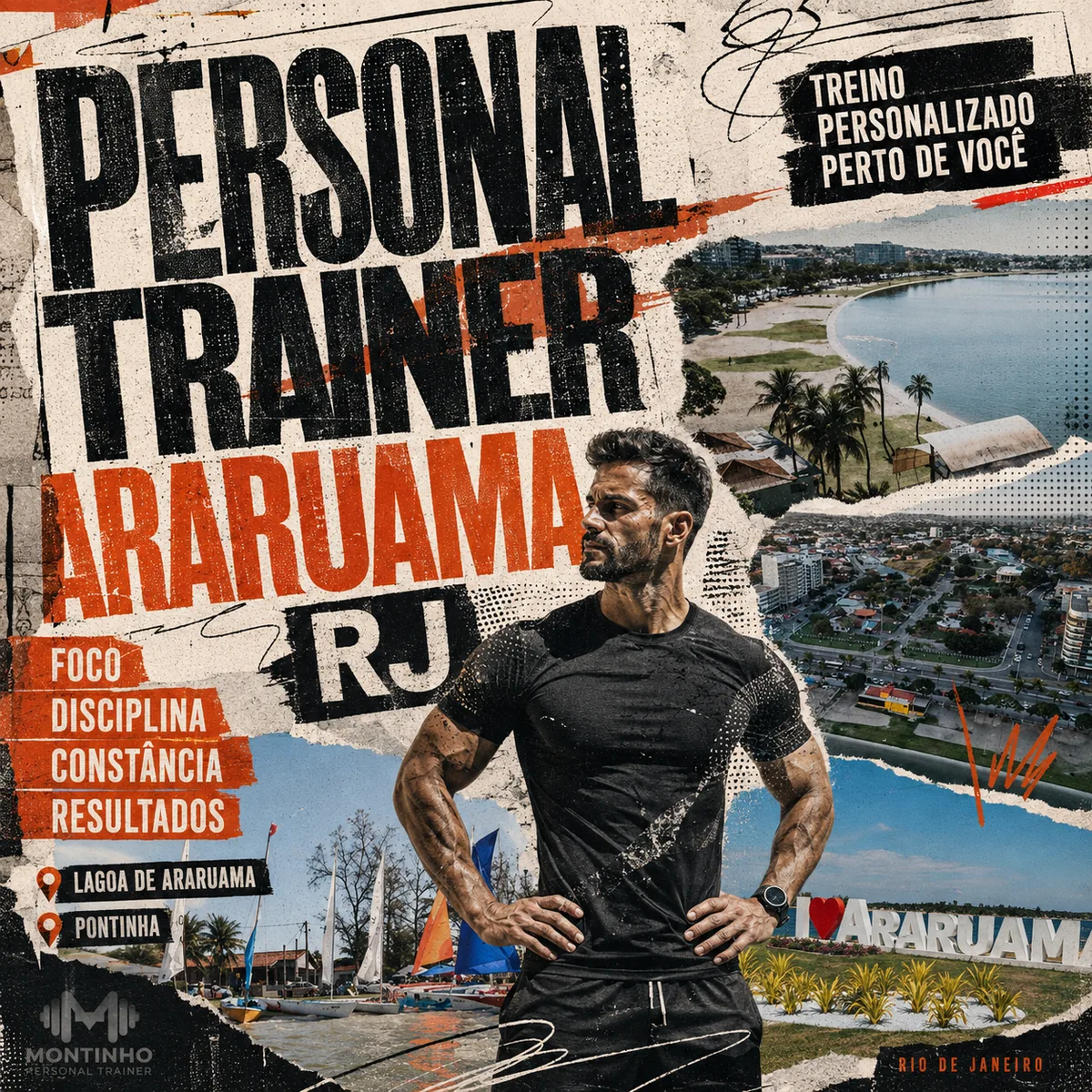 Personal trainer em Araruama (RJ) em arte com a Lagoa de Araruama, a Praia da Pontinha, os barcos à vela e o letreiro da cidade, com o treino em primeiro plano — Personal por Perto