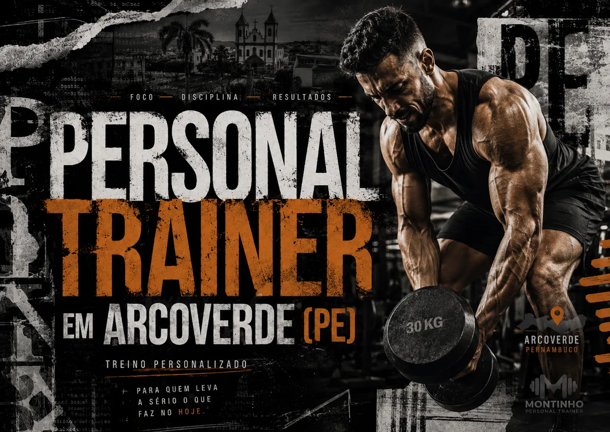 Personal trainer em Arcoverde (PE) em arte de treino de força com a igreja histórica do sertão pernambucano ao fundo — Personal por Perto