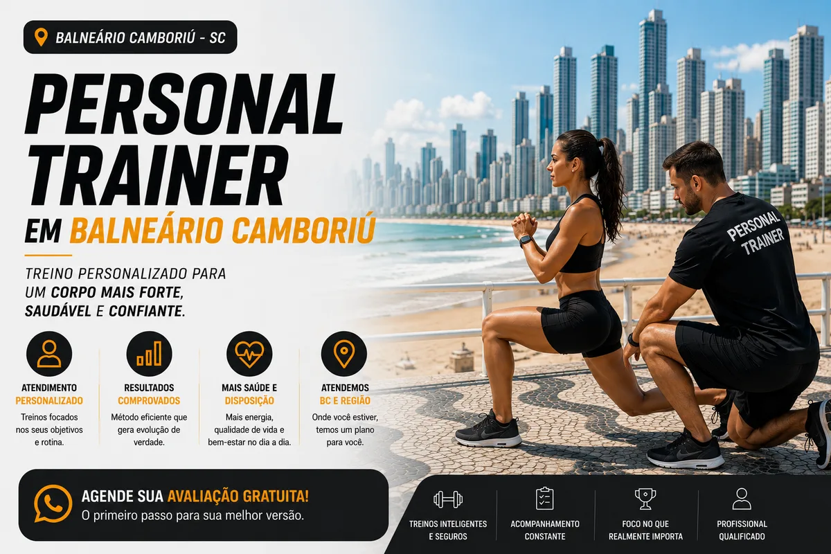 Personal trainer em Balneário Camboriú (SC) acompanhando aluna em treino de força ao ar livre, com a Praia Central e os arranha-céus à beira-mar ao fundo — Personal por Perto