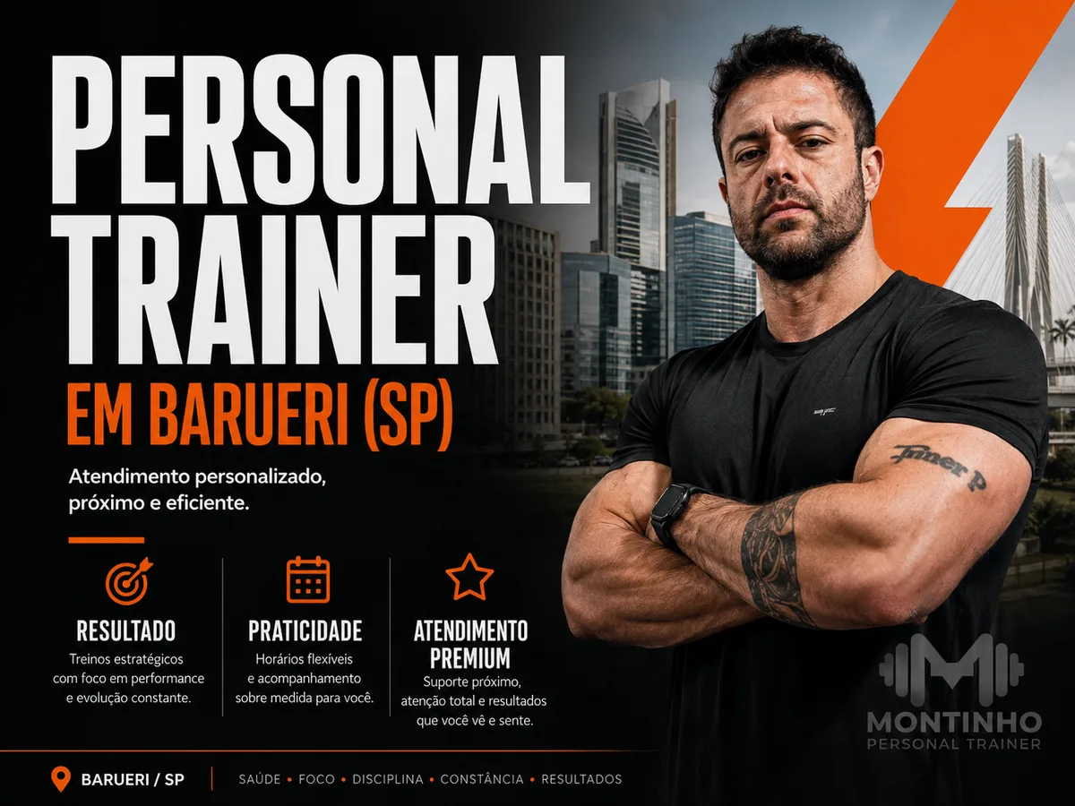 Montinho Personal, personal trainer em Barueri (SP), de braços cruzados com o skyline corporativo da região ao fundo — Personal por Perto