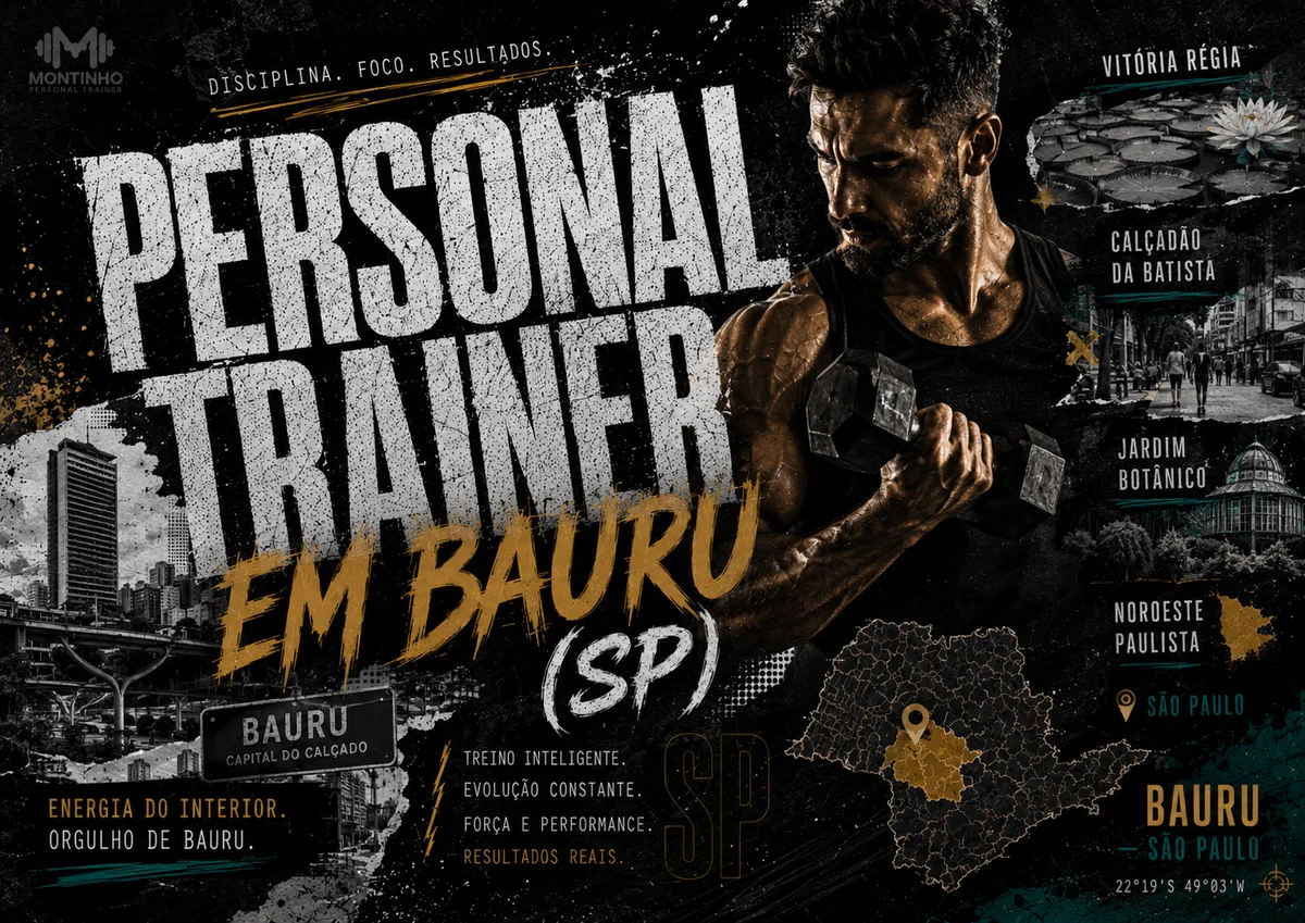 Personal trainer em Bauru (SP) em arte com referências reais da cidade — o skyline do centro, o Calçadão da Batista, a vitória-régia do Jardim Botânico e o mapa do noroeste paulista — Personal por Perto