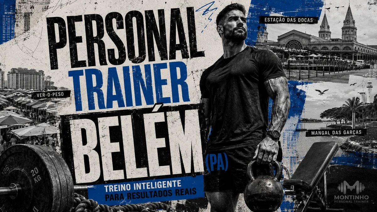 Personal trainer em Belém (PA) em arte que une treino de força e cartões-postais reais da cidade — a Estação das Docas, o Ver-o-Peso e o Mangal das Garças ao fundo — Personal por Perto