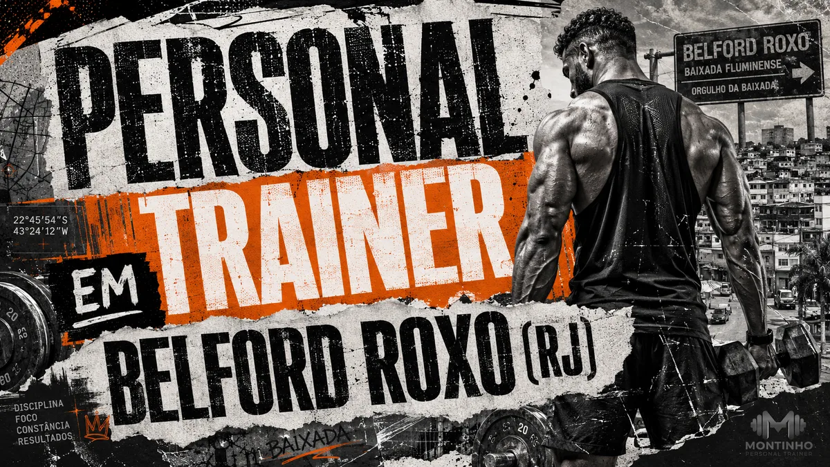 Personal trainer em Belford Roxo (RJ) em arte com referências da cidade — a placa rodoviária da Baixada Fluminense e o casario belforroxense ao fundo — Personal por Perto