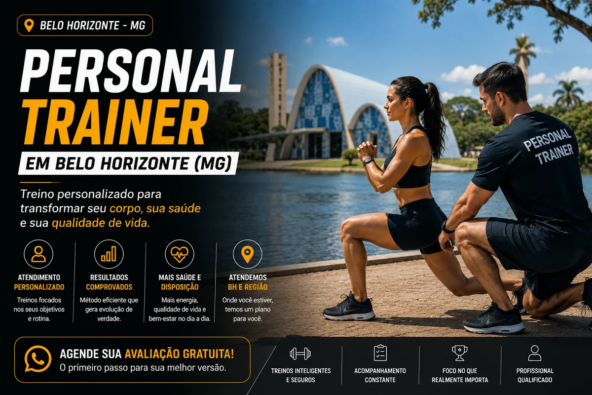 Personal trainer em Belo Horizonte (MG) orientando aluna em treino de força ao ar livre, com a Igreja de São Francisco de Assis (Igrejinha da Pampulha) e a Lagoa da Pampulha ao fundo — Personal por Perto