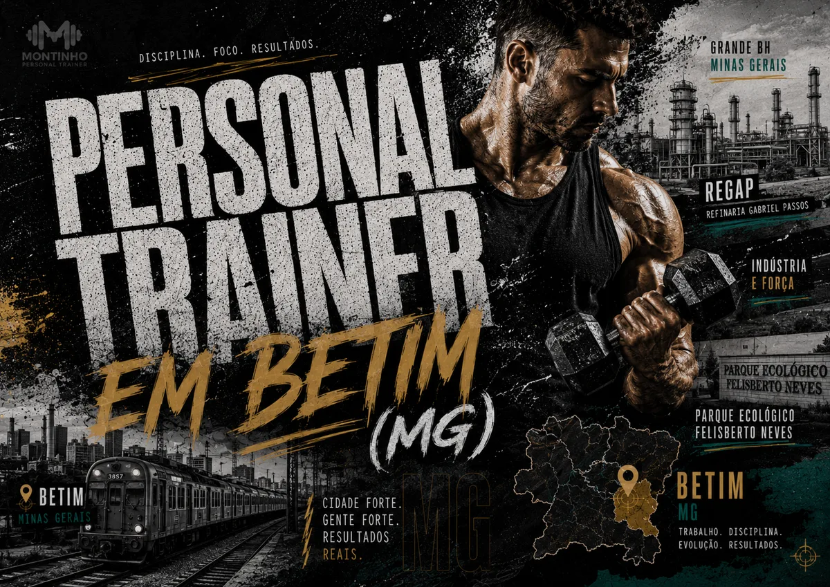 Personal trainer em Betim (MG) em arte com referências reais da cidade — a refinaria REGAP, o trem de carga, o Parque Ecológico Felisberto Neves e o mapa da Grande BH — Personal por Perto