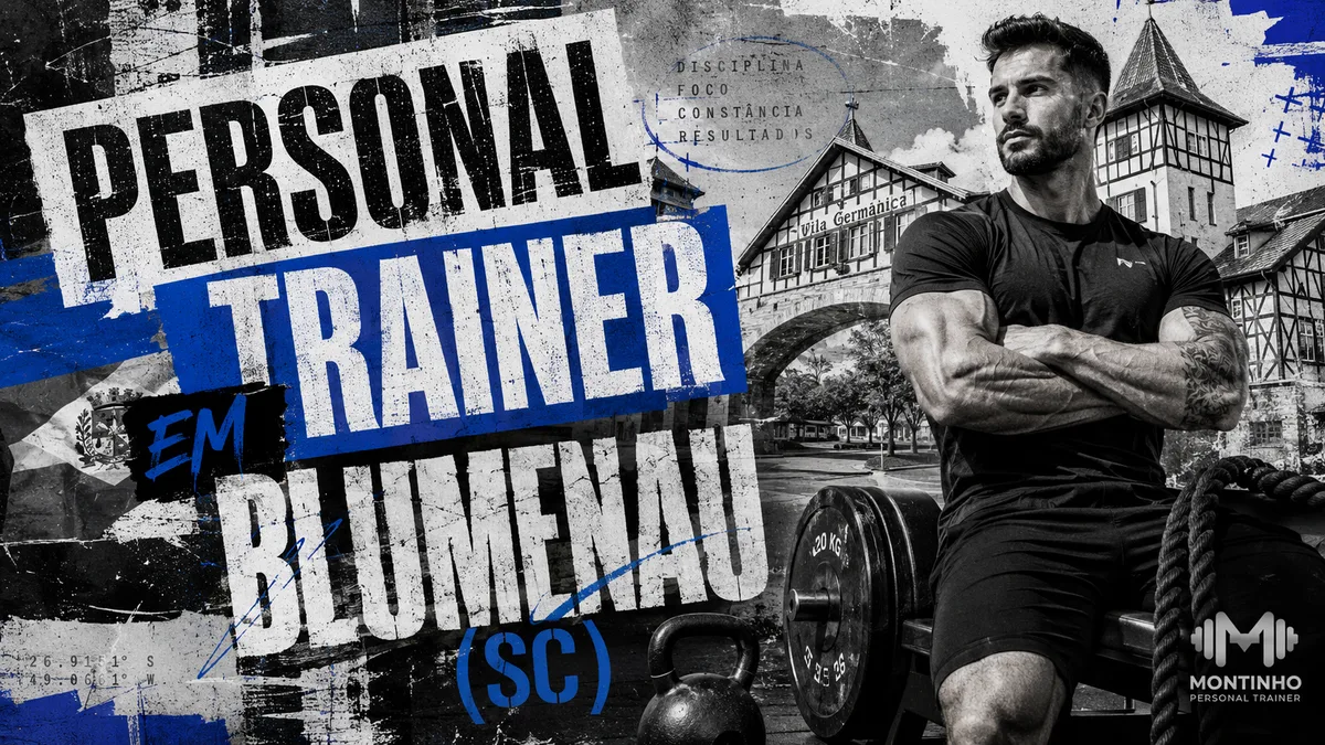 Personal trainer em Blumenau (SC) em arte que une treino de força e a Vila Germânica, com a arquitetura enxaimel característica da cidade ao fundo — Personal por Perto