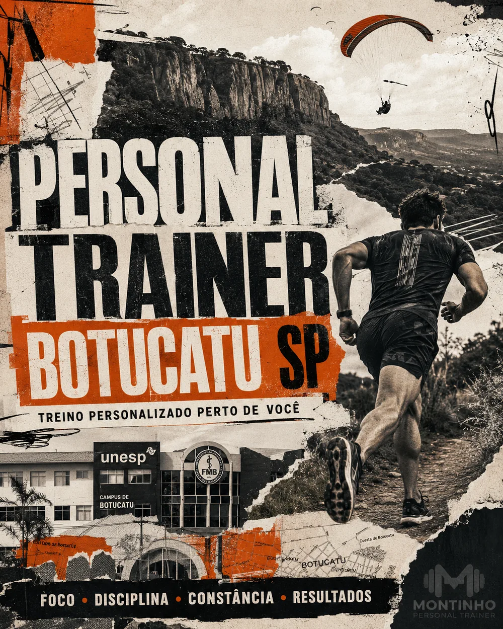 Personal trainer em Botucatu (SP) em arte com a rampa de voo livre na cuesta, o campus da Unesp e a Faculdade de Medicina, com o treino em primeiro plano — Personal por Perto