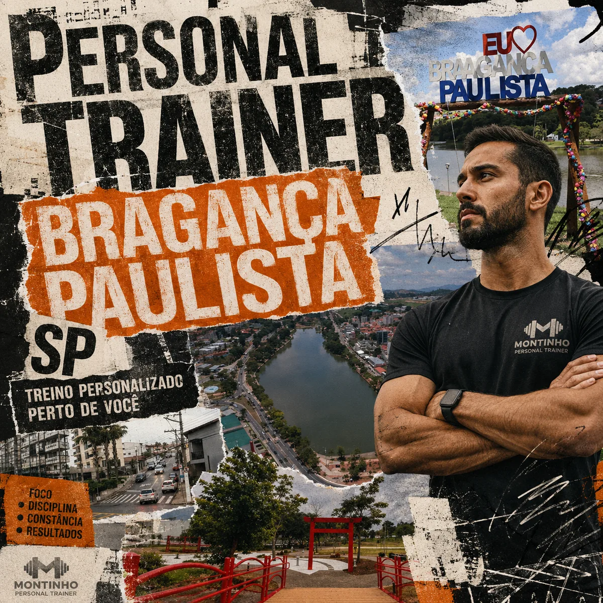 Personal trainer em Bragança Paulista (SP) em arte com o letreiro Eu amo Bragança Paulista, o lago do centro e as praças da cidade, com o treino em primeiro plano — Personal por Perto
