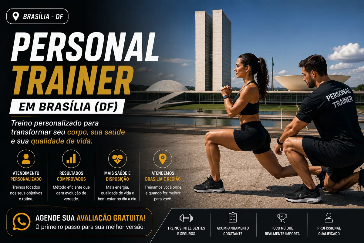 Personal trainer em Brasília (DF) acompanhando aluna em treino de força ao ar livre, com o Congresso Nacional e o Eixo Monumental ao fundo — Personal por Perto
