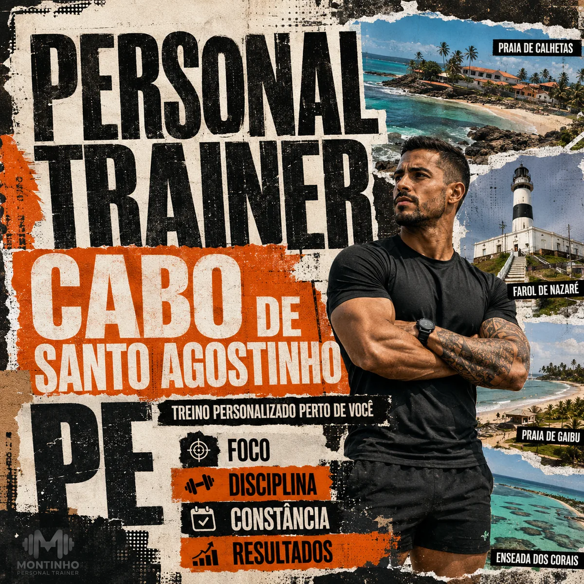 Personal trainer no Cabo de Santo Agostinho (PE) em arte com a Praia de Calhetas, o Farol de Nazaré, a Praia de Gaibu e a Enseada dos Corais, com o treino em primeiro plano — Personal por Perto