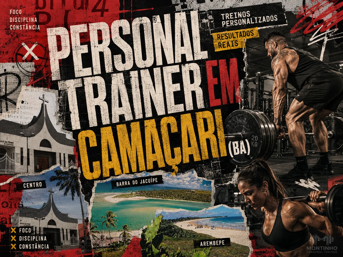 Personal trainer em Camaçari (BA) em arte que reúne levantamento terra e agachamento, a igreja do Centro e as praias de Barra do Jacuípe e Arembepe — Personal por Perto